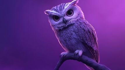 Obraz premium An owl perches on a branch against a vibrant purple background.