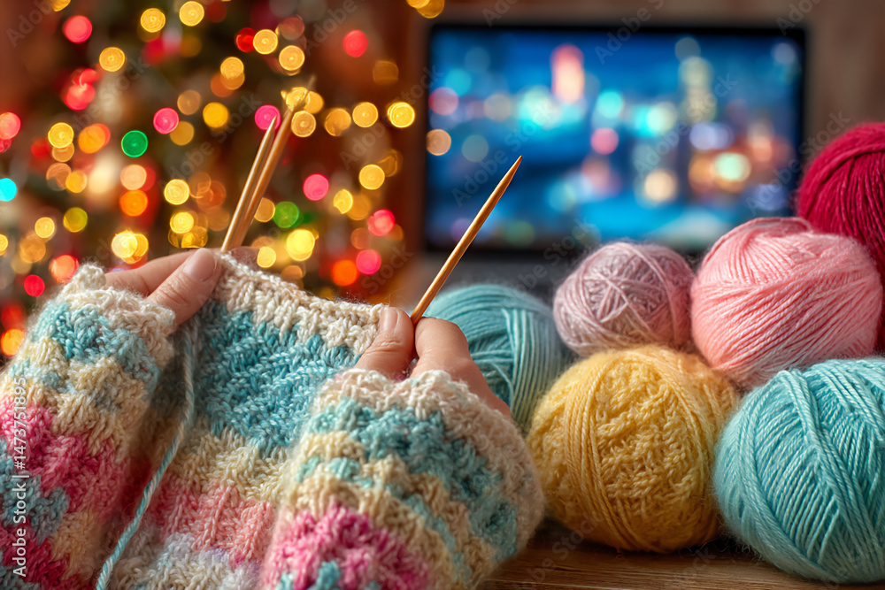 Poster bright and calm photograph of a desk with a laptop displaying a knitting tutorial video next to a pe