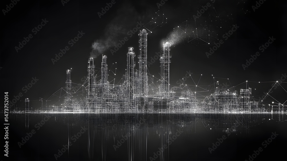 Leinwandbilder abstract industrial complex blueprint. a modern oil refinery design against a dark backdrop, showing