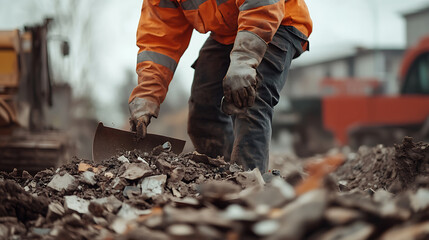 Fototapeta premium Construction Worker Digging Through Debris