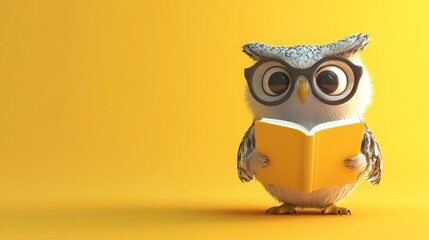 A small owl is depicted wearing glasses and reading a book. It’s a charming and whimsical scene.