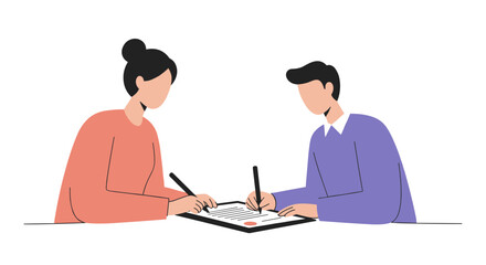 Fototapeta premium Two people collaborating while signing a document on a desk 