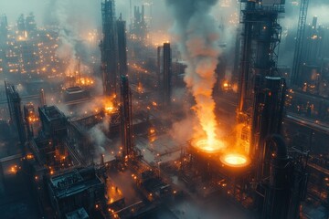 Obraz premium Industrial complex at night, smoke and fire