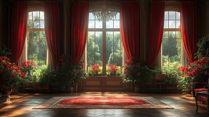 Crimson velvet drapes elegantly across a grand window, its rich texture adding a touch of luxury and opulence to the room, a symbol of comfort and refinement