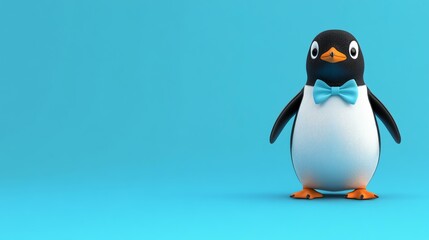 A penguin wears a festive bow on its head.