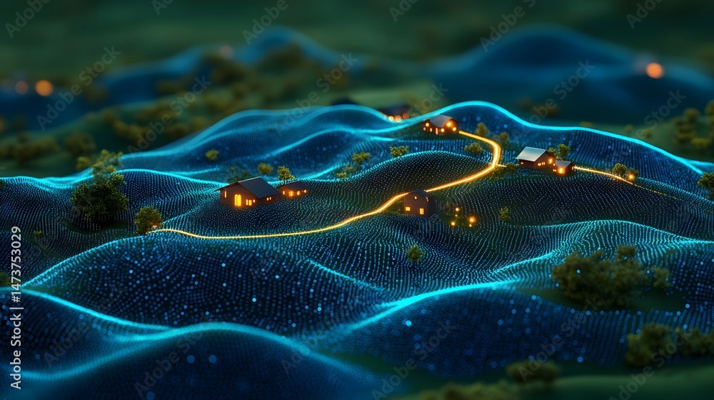 Aufkleber Futuristic landscape of illuminated homes connected by glowing paths. Rolling hills feature a digital grid, creating a dreamy, interconnected community. Abstract wireframe in dark blue