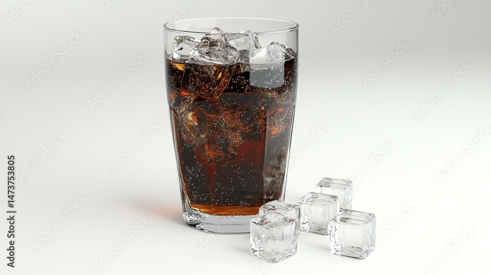 Poster a glass of cola with ice sits beside a bottle of coke. the image showcases a refreshing drink combin
