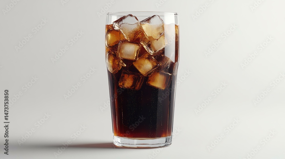 Poster a glass of cola is topped with ice and a banana slice. the drink appears refreshing and visually app