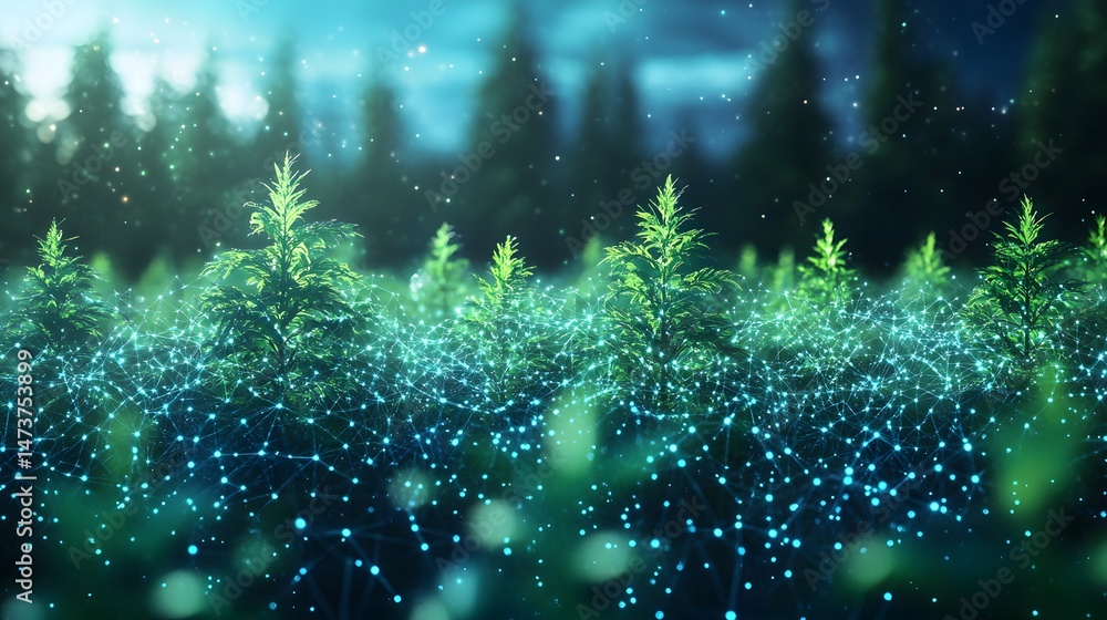 Leinwandbilder magical forest scene with vibrant green saplings interconnected by a glowing blue digital network. e