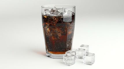 A glass of cola with ice sits beside a bottle of Coke. The image showcases a refreshing drink combination.