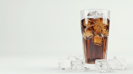 A glass of cola sits with ice cubes, offering a refreshing drink.