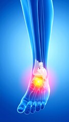 Illustration of a foot and ankle with visible bones and highlighted pain points indicating injury or inflammation for medical and healthcare use