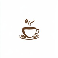 Simple coffee cup logo. Steaming hot coffee in a white cup on a saucer, with coffee beans
