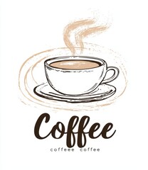 Obraz premium Hand-drawn illustration of a steaming cup of coffee. A simple, elegant design with a cup of coffee on a saucer, with steam rising from the liquid. The design is stylized with a textured background