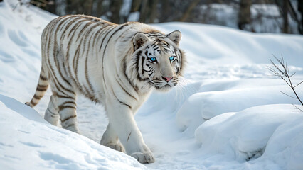 Obraz premium A white tiger lying on a snowy hill with distant blue mountains.