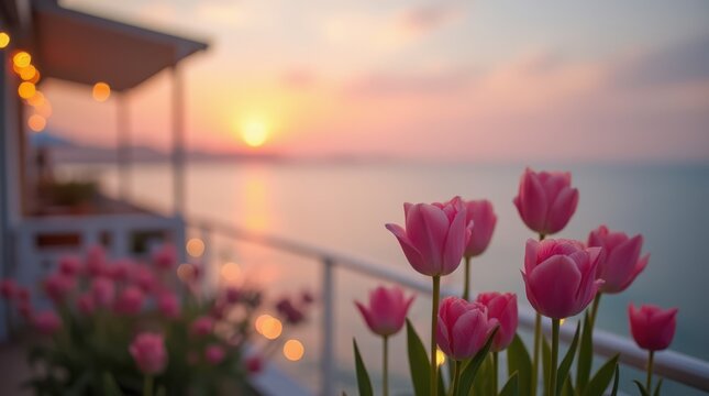 sunset over the river, pink tulps on a seaside balcony at sunset, soft light, string light, romantic atmosphere
