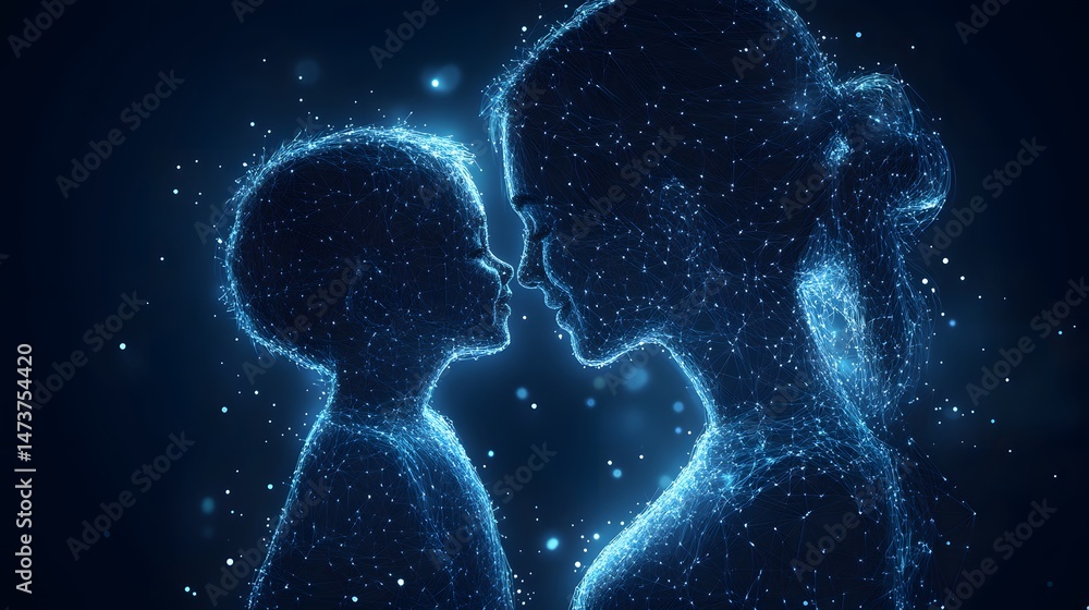 Poster a glowing digital mother and child share a tender moment. blue lines connect them in this abstract r