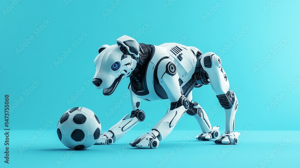 Poster a robotic dog playfully holds a soccer ball. it’s a charming image of a machine enjoying a simple ga