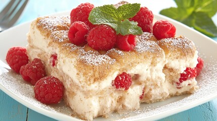 A slice of cake with raspberries and mint on top.