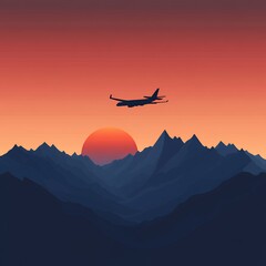 Silhouette of an airplane flying over majestic mountains at sunset.