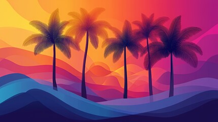 Obraz premium Silhouettes of palm trees against a vibrant sunset backdrop.