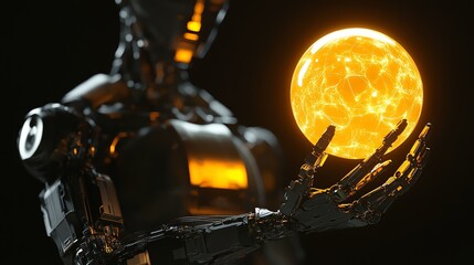 A robot delicately holds a glowing orb of light. The scene suggests a futuristic or magical element.