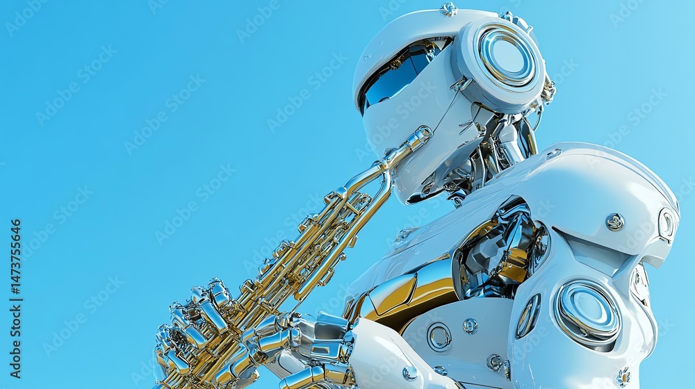 Poster a robot is depicted playing a saxophone. the image presents a whimsical scene of a mechanical figure