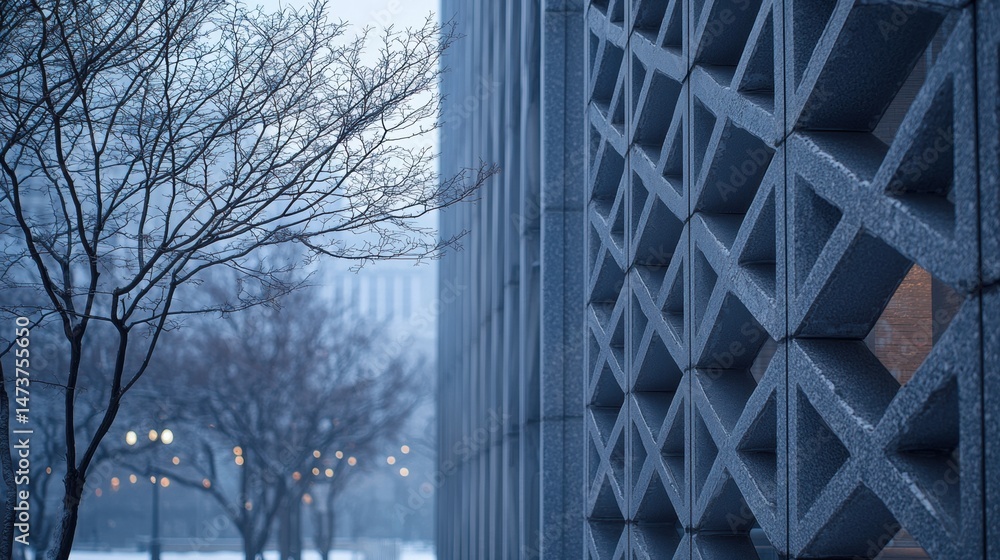 Poster a building with a geometric pattern.