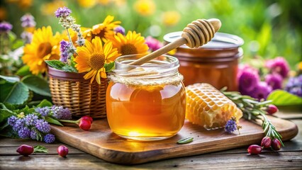 Delicious honey jar with honeycomb and floral background on rustic wooden tabletop