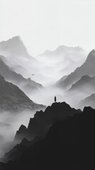 A lone figure stands atop a mountain peak, surrounded by misty, monochromatic mountains.