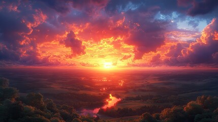 Obraz premium Dramatic clouds at sunset, painted in fiery shades of orange, red, and purple, stretch across the horizon, casting long shadows over a peaceful, rolling landscape below