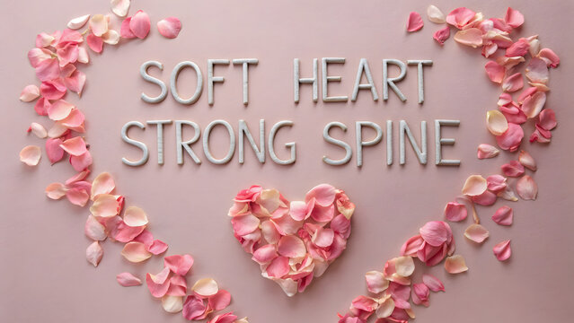 Inspirational quote "Soft Heart Strong Spine" with white letters and pink rose petals arranged in a heart shape on pastel background symbolizing strength and love