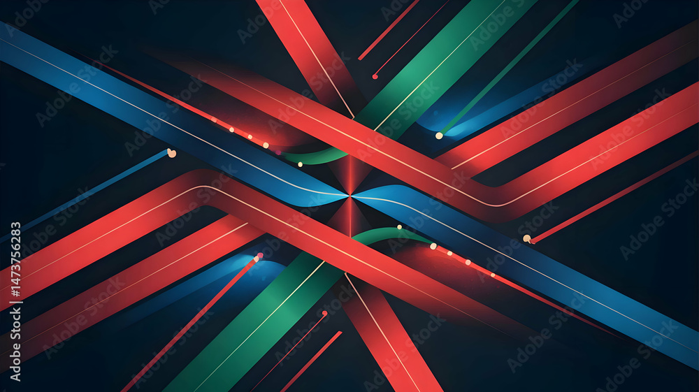 Poster intersection of vibrant roads create abstract and geometrical composition in dark and gloomy environ