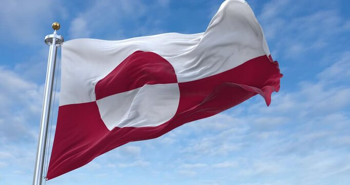 Greenland flag with flagpole waving in wind, rolling clouds background looping, 4K video (Perfect Loop)