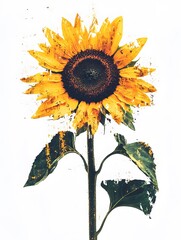 A close-up of a vibrant sunflower in full bloom, its petals radiating a golden hue, and its dark center forming a striking contrast. The image captures the sunflower's intricate details.