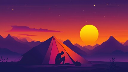 Silhouette of a camper enjoying a sunset near the mountains.