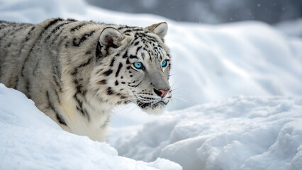 Obraz premium A white tiger lying on a snowy hill with distant blue mountains.