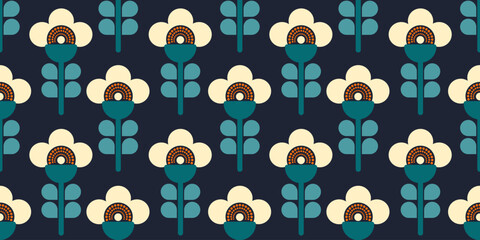 Modern retro seamless pattern of geometric flowers. Design for banner, flyer, print, poster, wallpaper, fabric. Blue, orange and  beige colors.