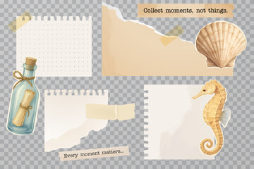 Transparent summer scrapbook elements with quotes and ocean decorations