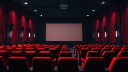 Fototapeta premium Empty red theater seats facing a large blank screen in a dark auditorium
