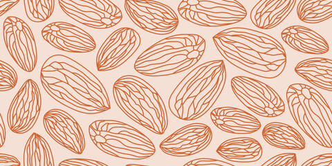 Seamless pattern of almond illustrations in orange line art over a soft beige background, ideal for natural, organic themes