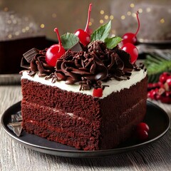 Delicious Black Forest gateau cake with cherries and chocolate shavings tempting dessert lovers