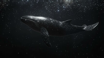 A colossal whale appears suspended in the dark expanse of the night sky. It’s a surreal and breathtaking image.