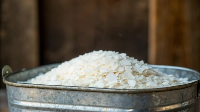 A close-up of white flattened rice flakes being poured into a rustic metal container.
