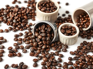 Fototapeta premium Roasted Coffee Beans Spilled from Containers on White Background