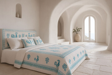 Mediterranean Bedroom with Sardinian Peacock Embroidery and Arched Sea View Window