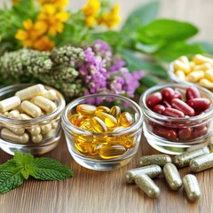 Assorted herbal supplements in small glass bowls