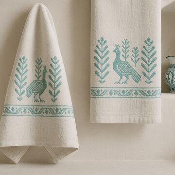 Close-Up of Sardinian Embroidered Towels in Mediterranean Bathroom with Ceramic Accent