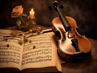 Naklejka premium Evocative still life featuring a violin, musical score, candle, and rose bloom