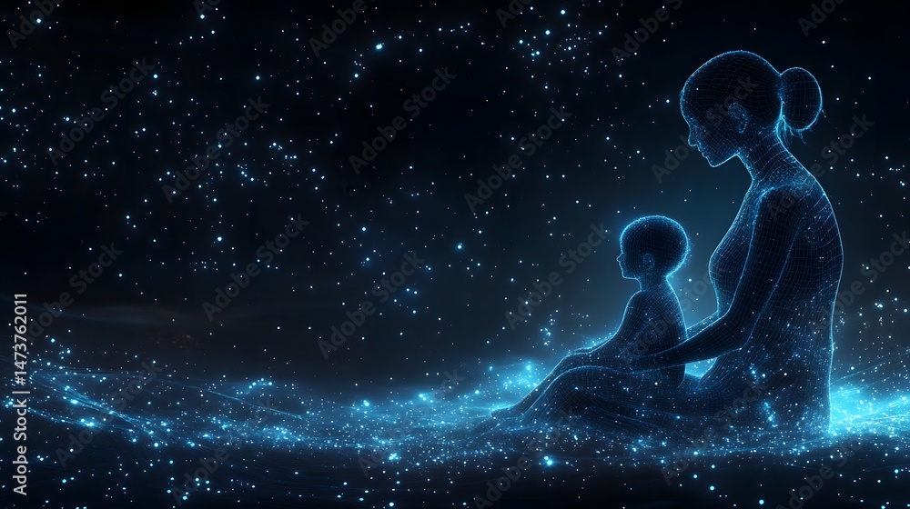 Poster a luminous wireframe of a mother and child, embraced by a star-filled expanse. the translucent figur